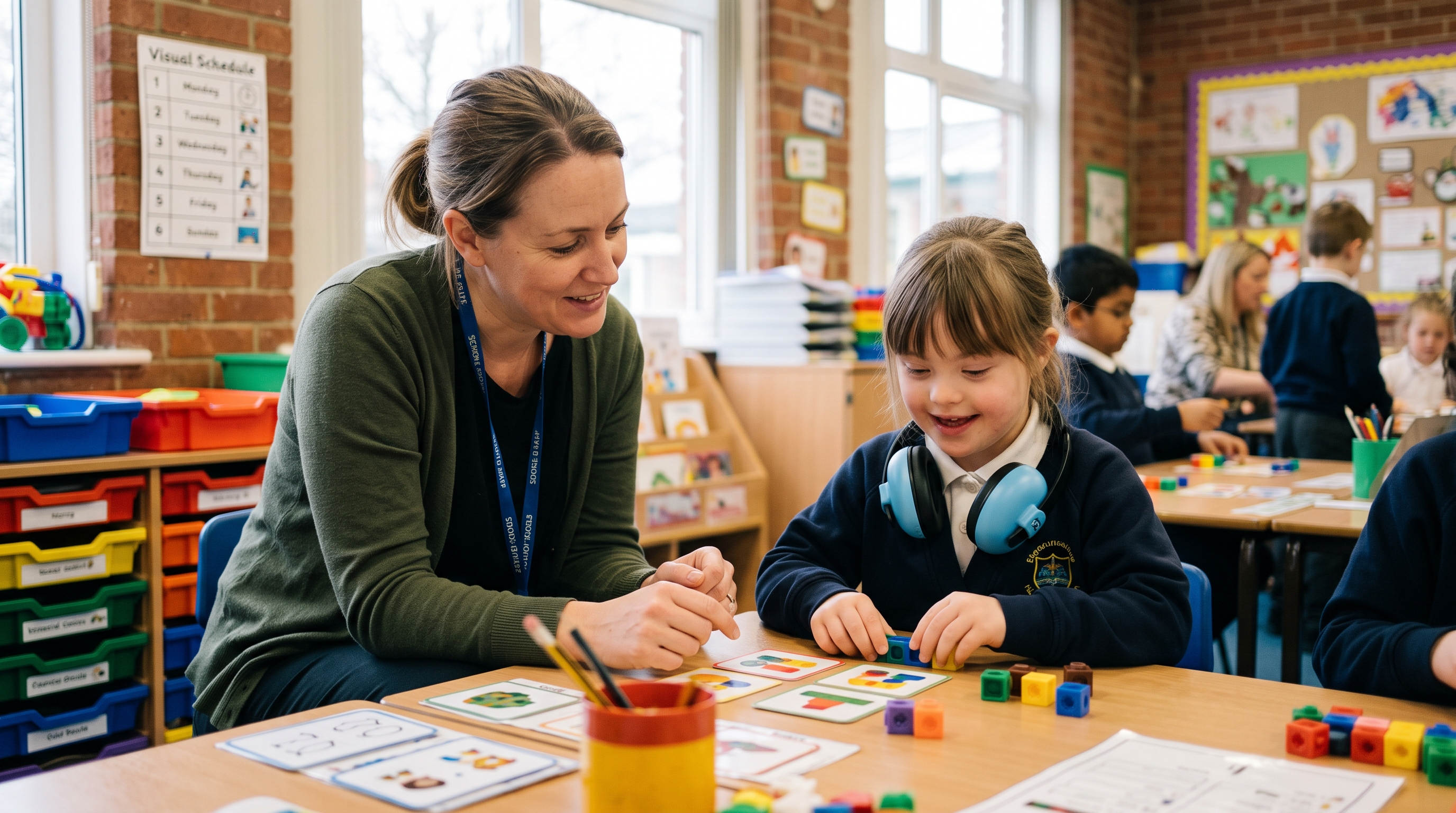 A smiling female teaching assistant leaning in alongside a young girl with Down syndrome wearing noise-canceling headphones while using colourful counting blocks and picture cards