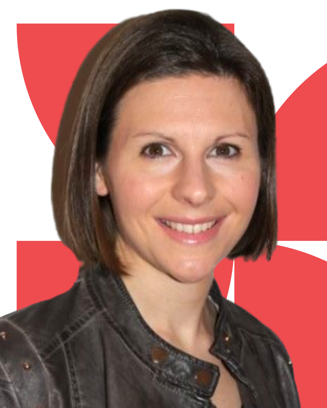 Helen Crew smiling with a straight bob haircut and a brown leather jacket