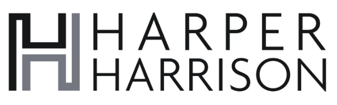 Logo for Harper Harrison featuring a stylised geometric "H" design in shades of black and grey to the left, followed by the brand name in modern uppercase letters. The clean and structured design reflects a focus on professionalism and precision.