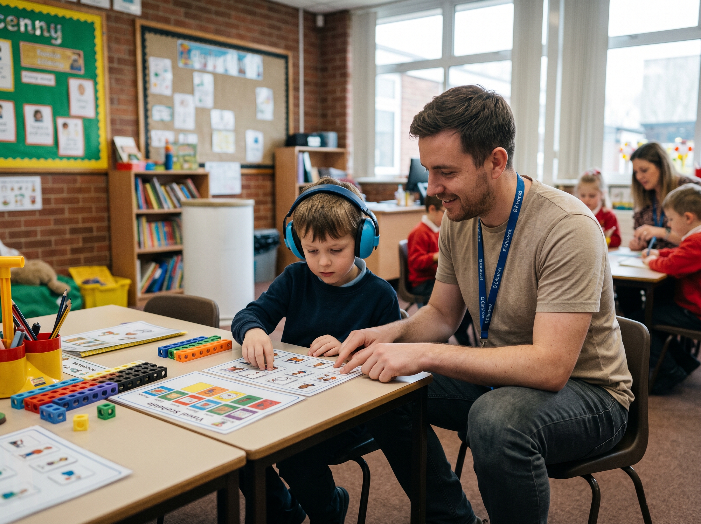 A photo capturing a male teaching assistant using visual aids and sensory tools to help a student focus and express themselves.