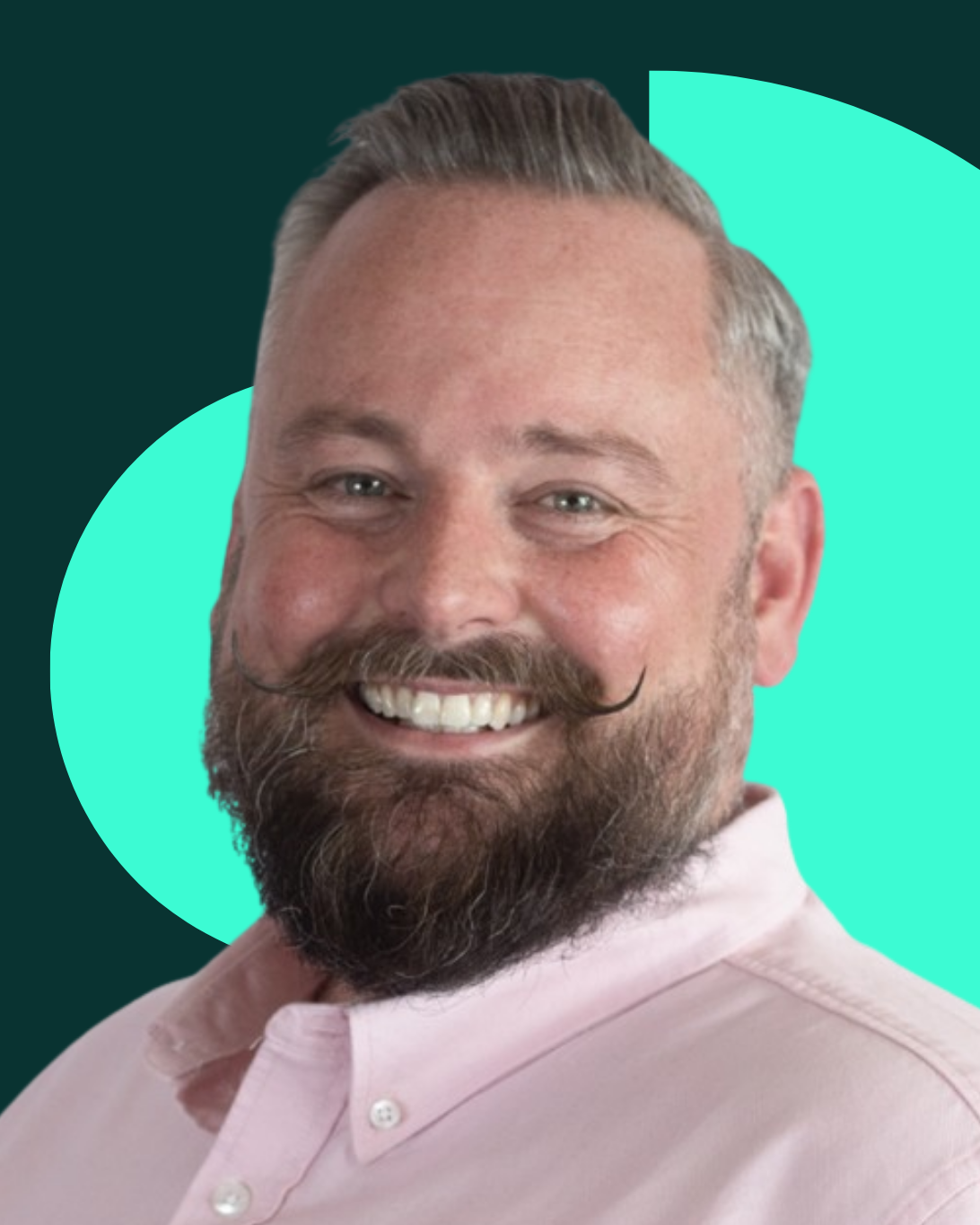 Headshot of man with a pastel pink shirt and a beard on a green graphic background