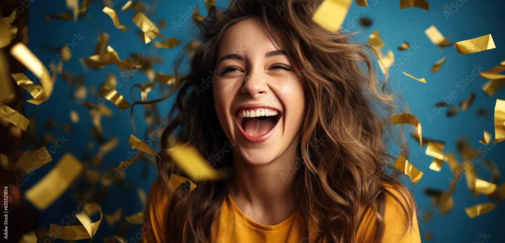 Woman smiling surrounding by gold confetti