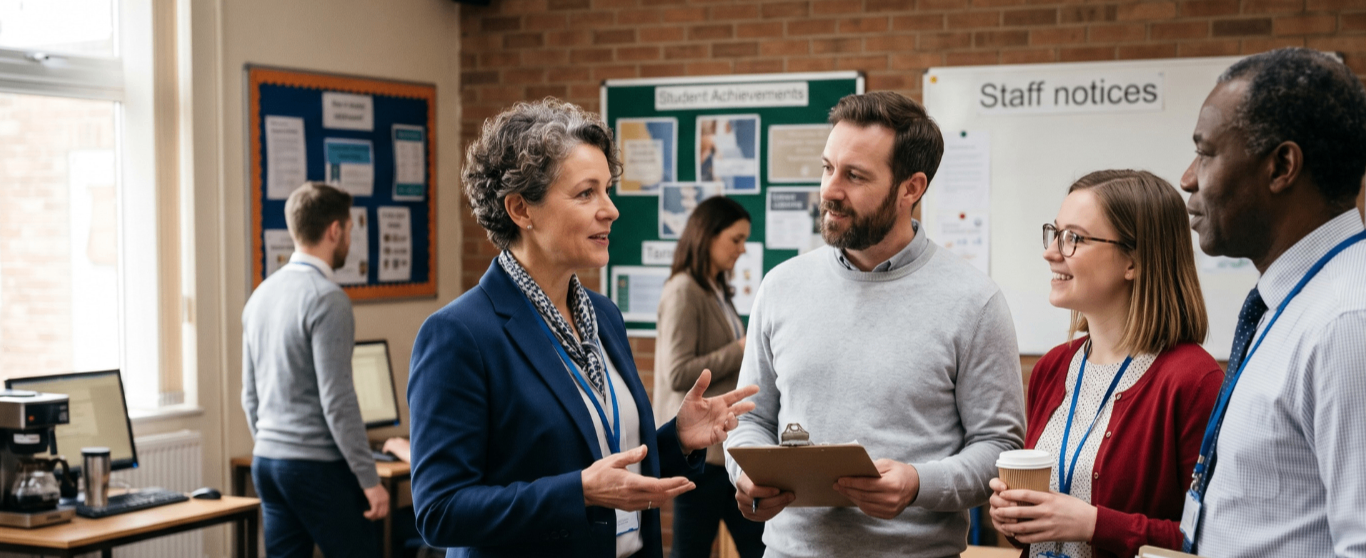 A headteacher discussing staffing with other teachers 