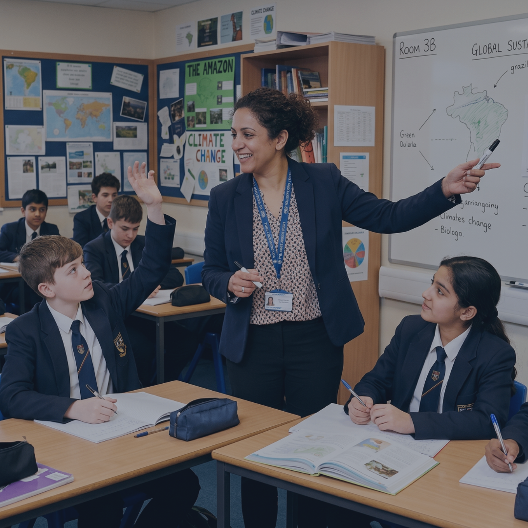 Teacher in a classroom in Caerphilly speaking to pupils