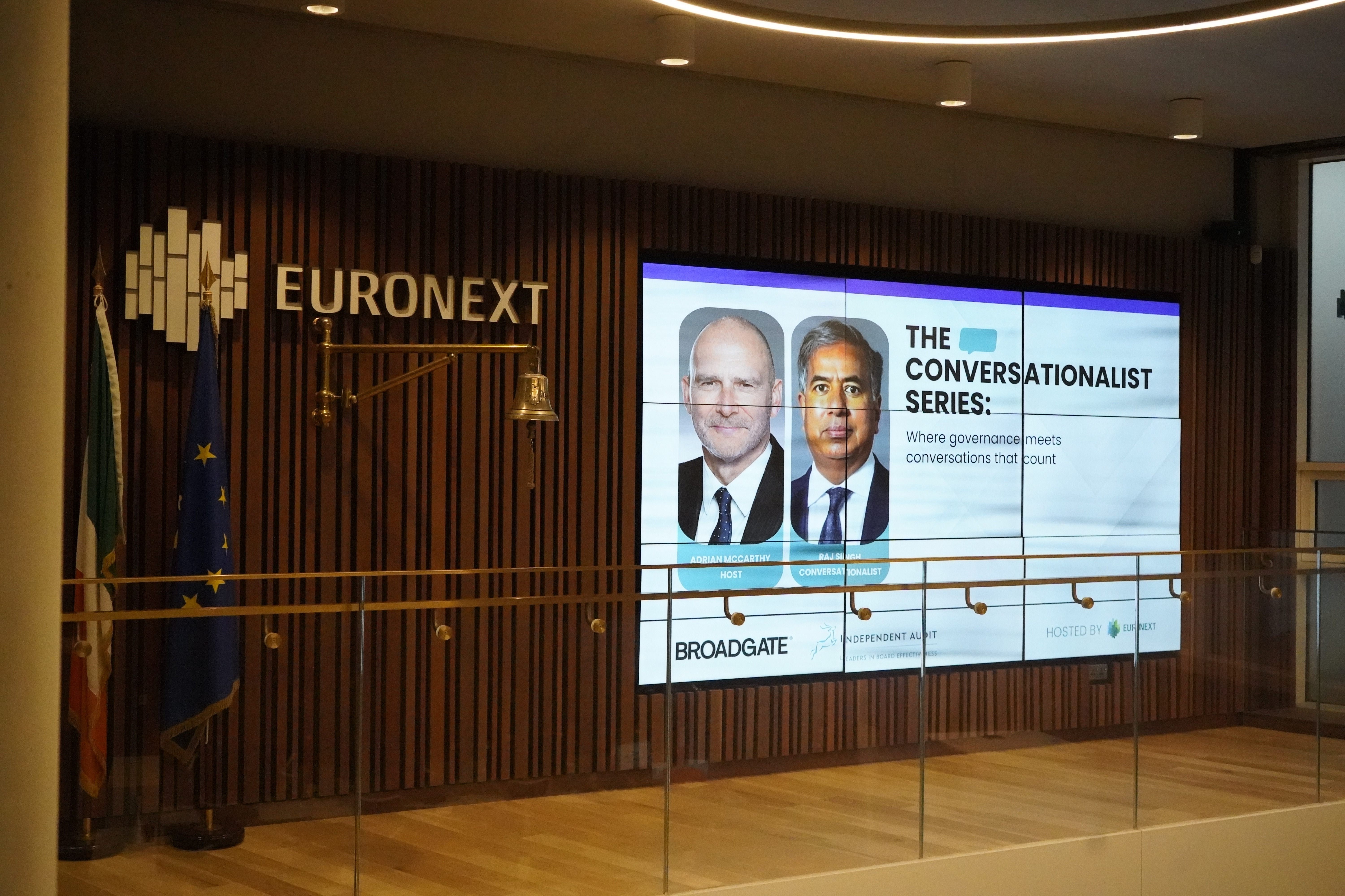 The Euronext video wall on the Dublin Stock Exchange market floor, carrying the Conversationalist Series branding
