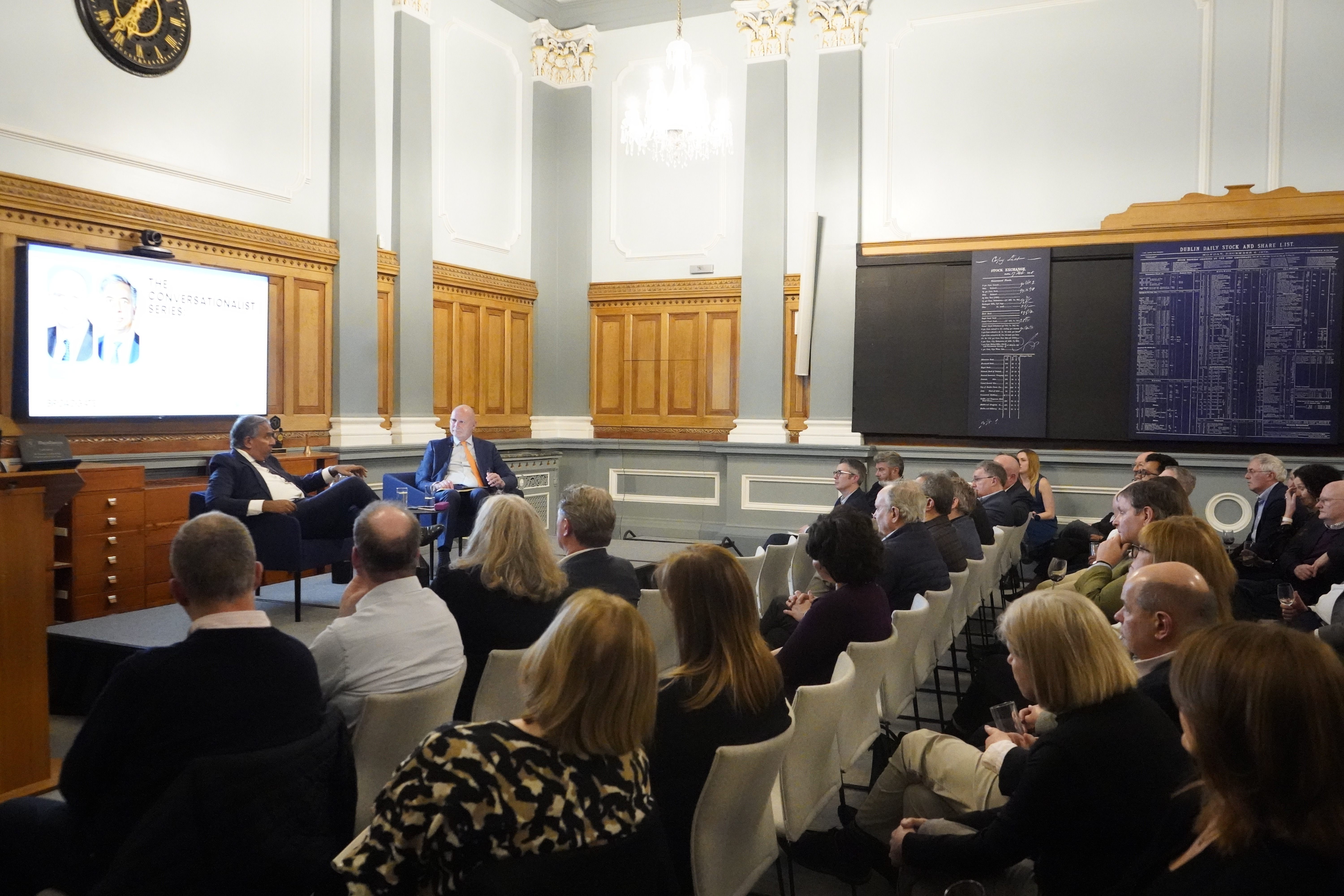 Guests seated on the Market Floor of the Dublin Stock Exchange during a previous Conversationalist Series evening