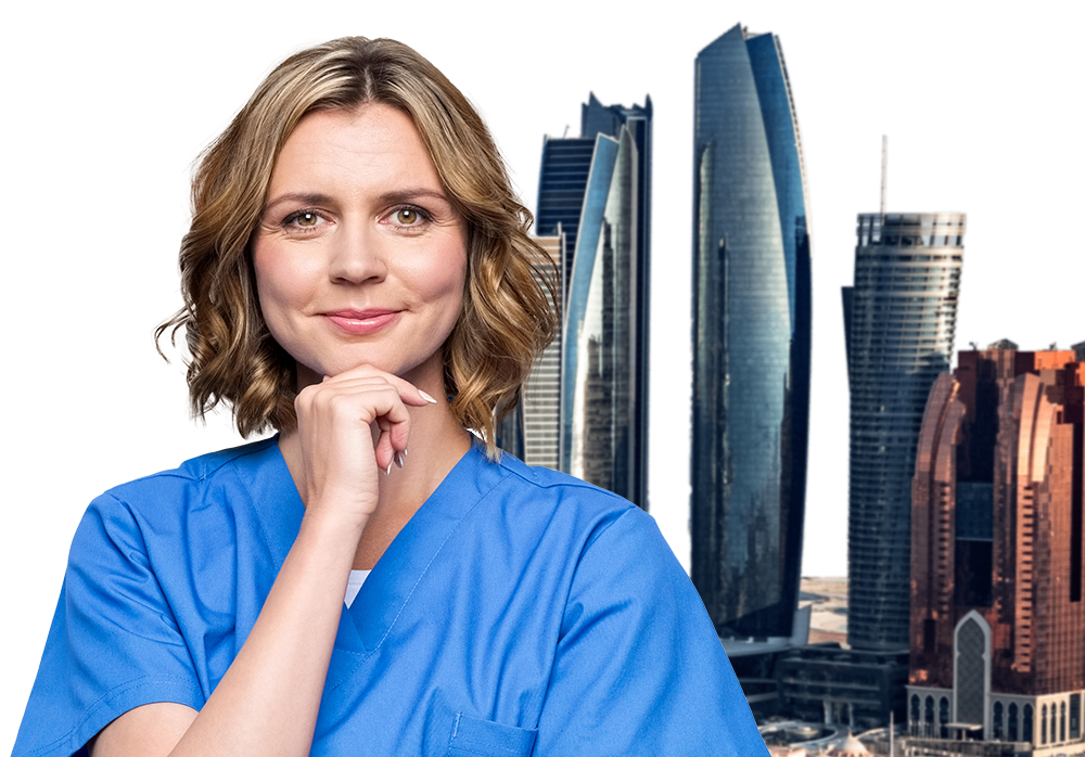 Smiling female healthcare professional in blue scrubs standing confidently in front of Abu Dhabi skyline