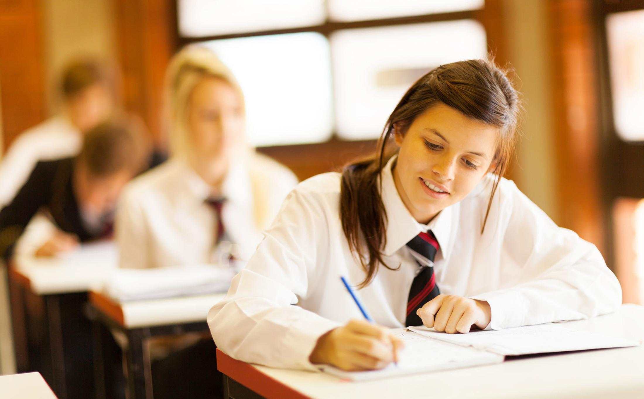 A secondary school pupil making some notes in her lesson