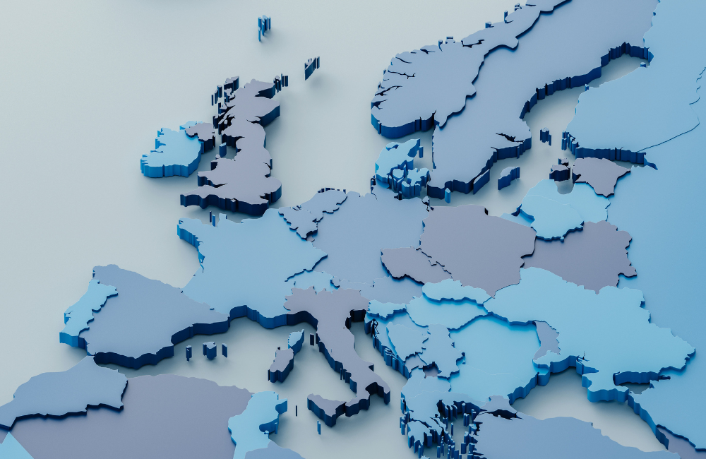 3D rendered map of Europe showing country borders as raised blue and light-grey regions with an isometric perspective and soft shadows.