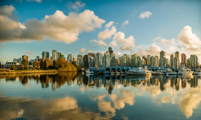 alt=Vancouver skyline with sunset