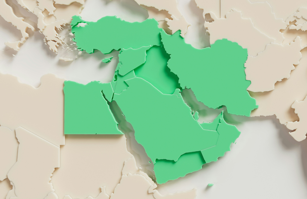 Stylised map highlighting countries in the Middle East in green against a light-coloured regional map background.