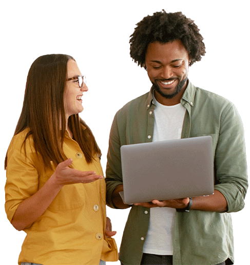 A woman and a man looking at a laptop