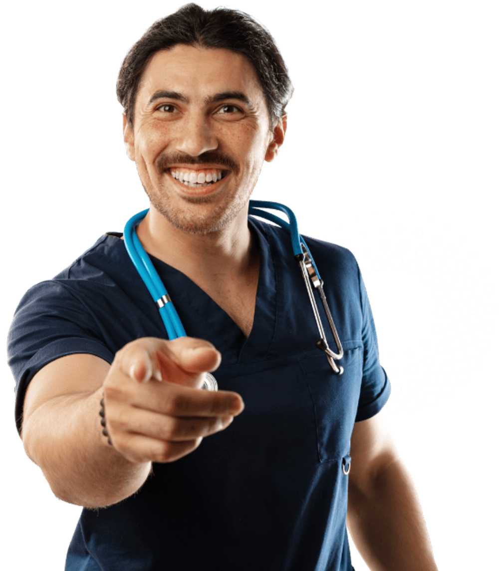 Healthcare professional in scrubs wearing a stethoscope