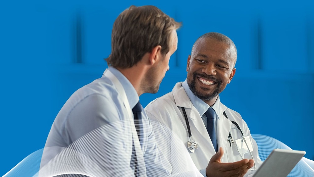 Global Medics support page. Doctor consulting with a professional
