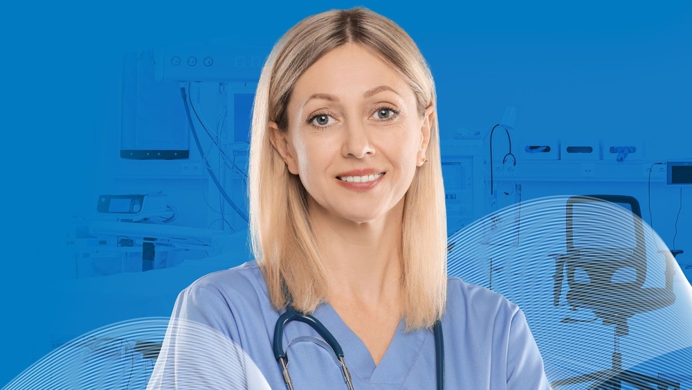 Smiling healthcare professional in medical scrubs standing in a hospital setting, representing Global Medics’ commitment to connecting doctors with rewarding careers in Ireland.