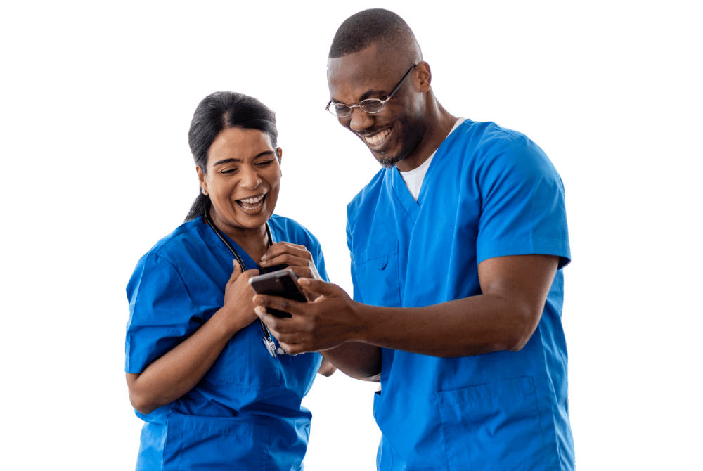 Two healthcare professional in blue scrubs referring their friends to Global Medics 