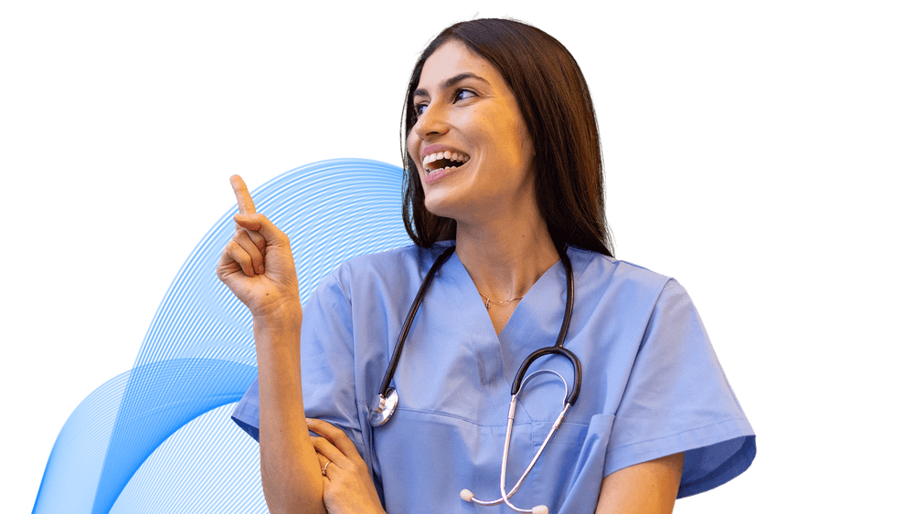 Smiling healthcare professional in blue scrubs pointing upward, symbolizing career growth and opportunity with Global Medics.