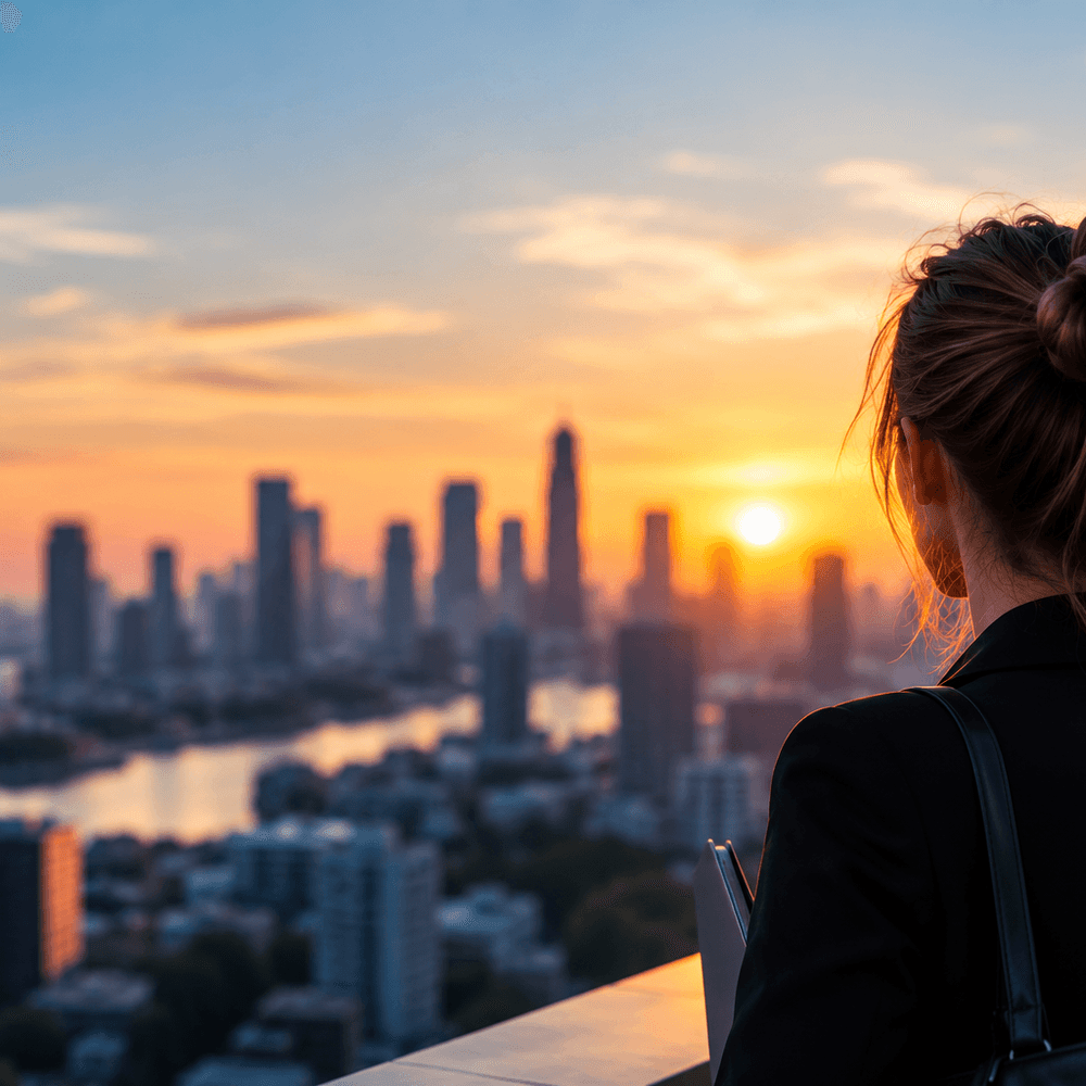 Professional considering the next step in her career overlooking a city skyline