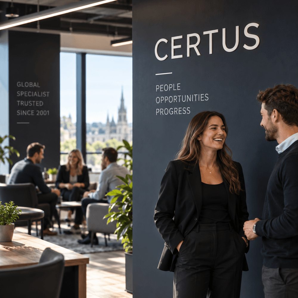 Certus Recruitment team members talking together in a modern office