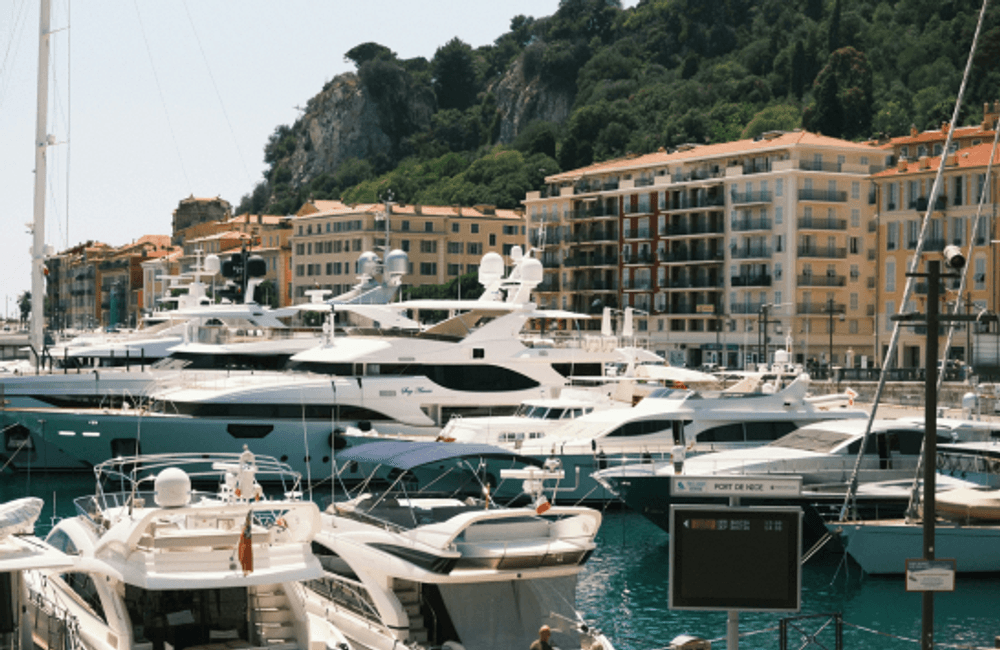 Multiple luxury yachts moored at a marina with coastal buildings in the background.