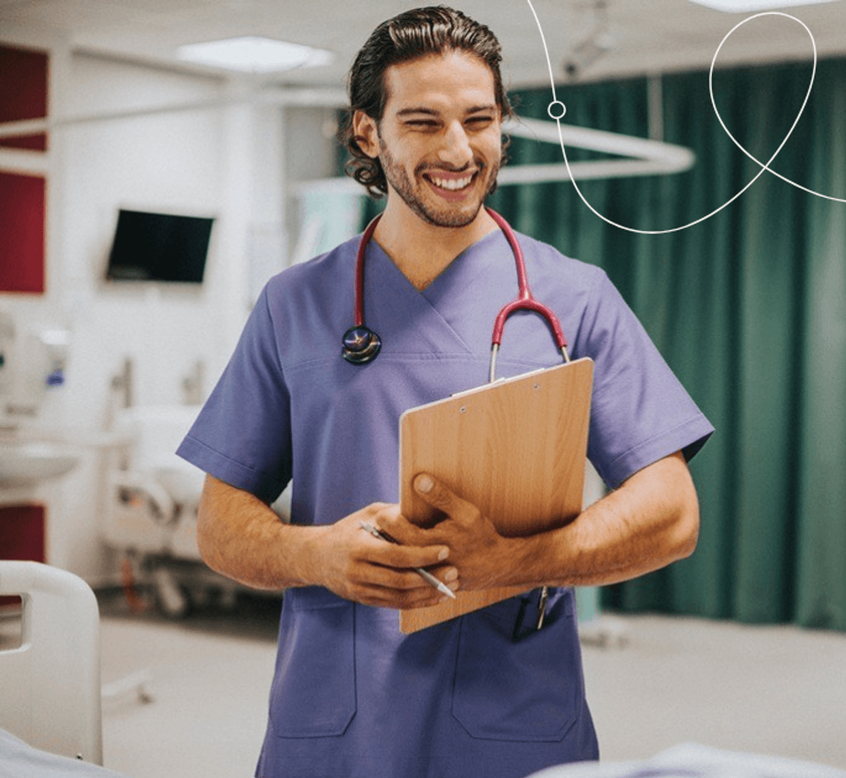 Healthcare professional in medical scrubs with a stethoscope holding a clipboard