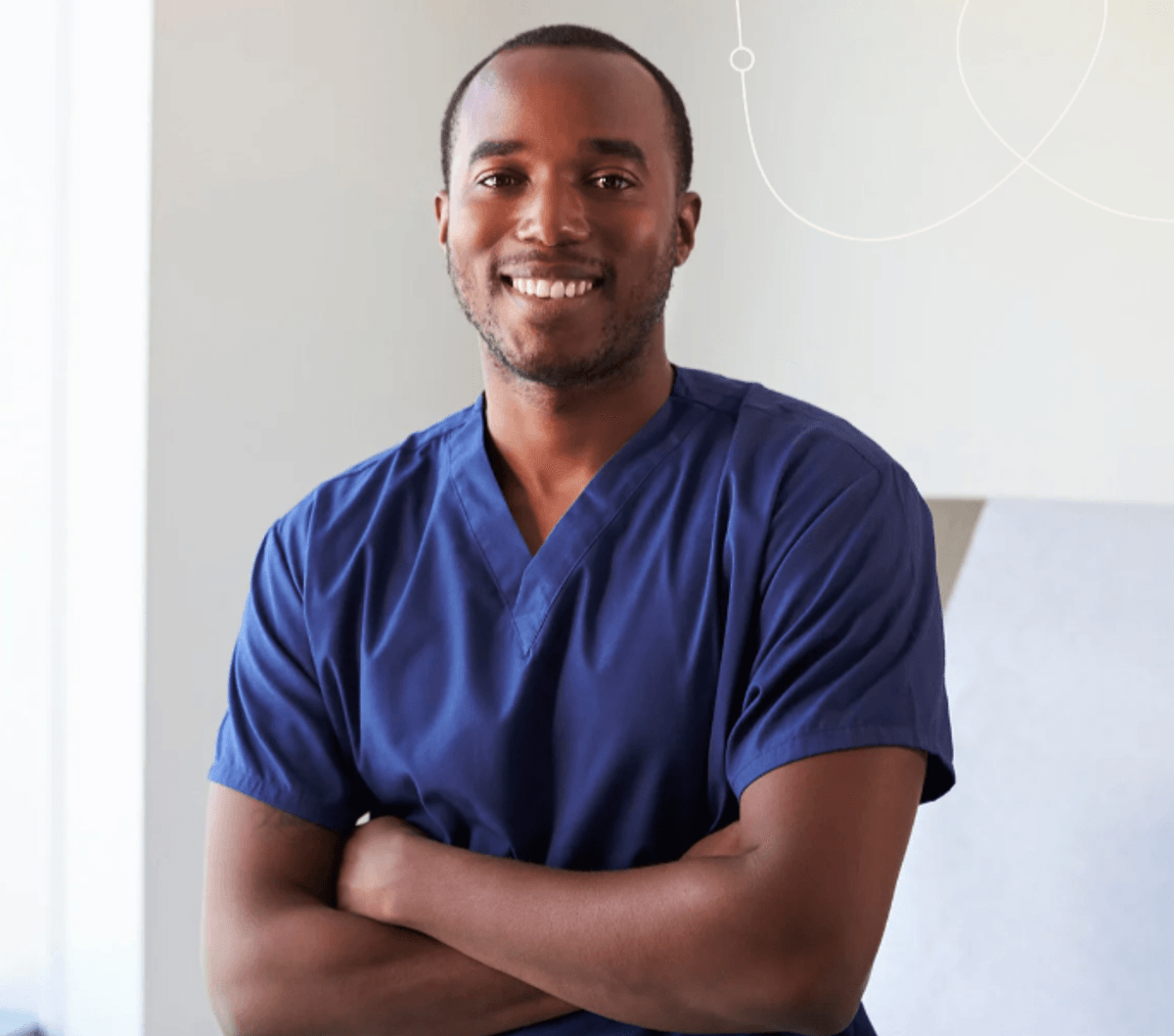 Healthcare professional wearing blue medical scrubs