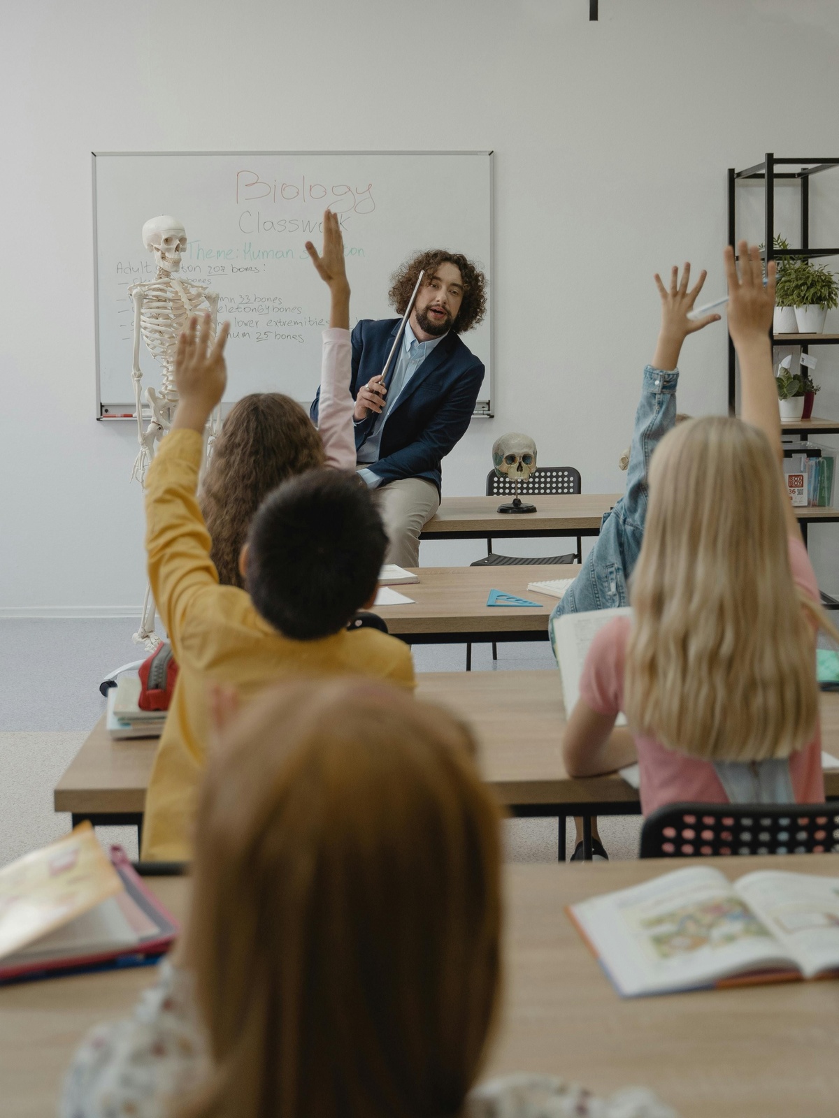 An individual stands at the front of a classroom near a whiteboard holding a pointer, while several students seated at desks raise their hands. A skeleton model is visible beside the whiteboard.