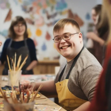 A person wearing an apron sits at an arts and crafts table with paintbrushes and creative materials, while others take part in activities in the background.