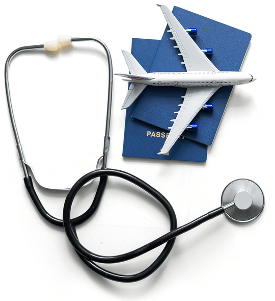 Stethoscope wrapped around blue passports with a model airplane on top, representing international healthcare careers and medical travel opportunities with Medacs Healthcare