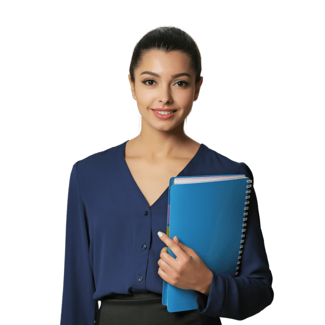 Female teacher holding a notebook