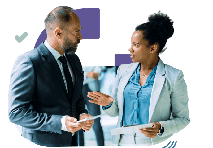Two individuals in business attire standing and talking while holding documents, with graphic design elements layered over a dark grid background.