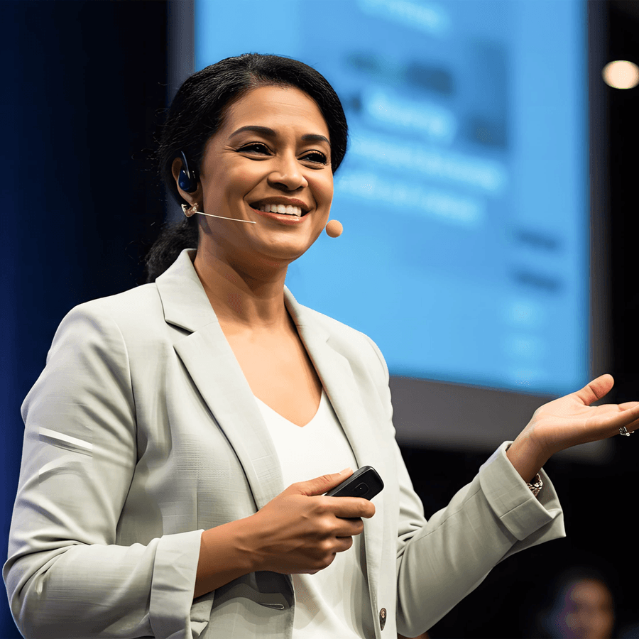 Person wearing a headset and holding a presentation remote speaks on stage in front of a large projected screen.