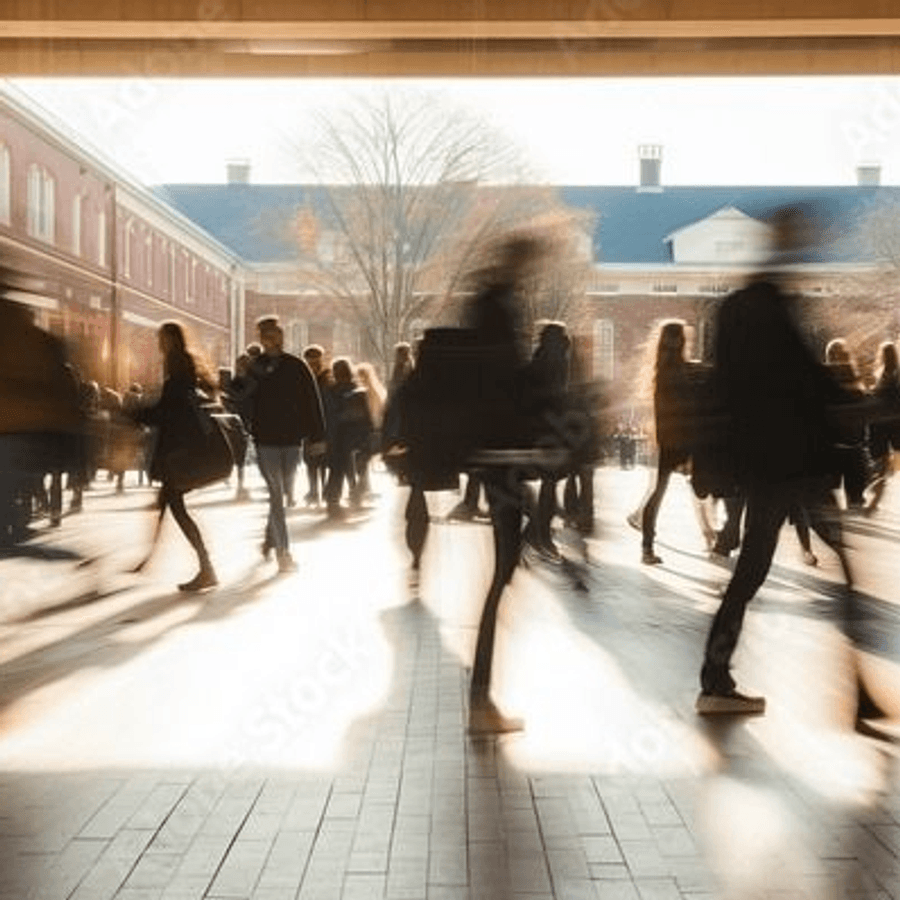 A busy outdoor walkway filled with people walking in different directions, captured with motion blur in warm sunlight between large brick and stone buildings.