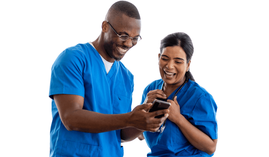 Two doctors sharing a moment over a smartphone, symbolising trust, collaboration, and the power of referrals in healthcare.