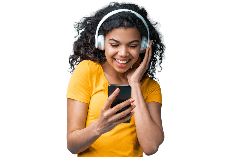 Smiling healthcare professional with headphones, symbolising connection, learning, and inspiration through international podcasts.