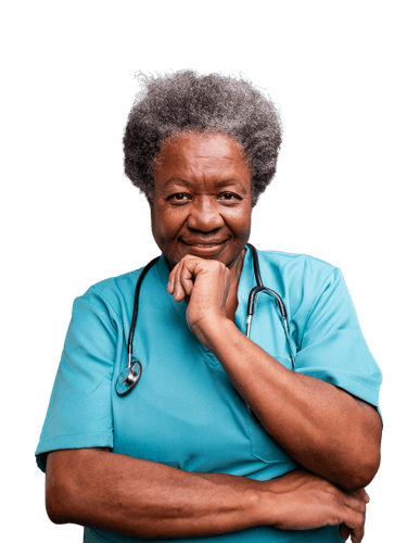 Nurse in blue scrubs with a stethoscope standing confidently and ready to care for patients.