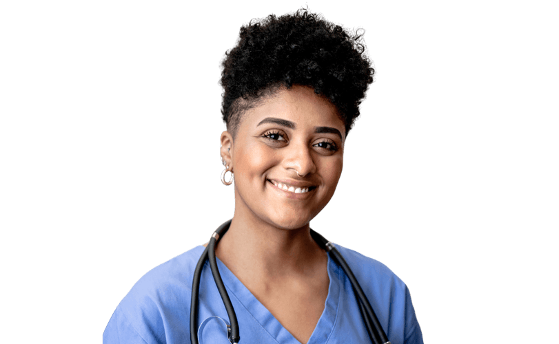 A smiling healthcare professional in blue scrubs with a stethoscope, representing clinical expertise, warmth, and frontline roles in modern healthcare