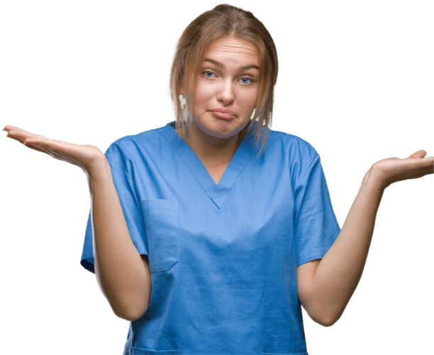 Nurse in blue scrubs with arms raised and palms facing upward, standing against a dark grid background, representing frequently asked questions for nurses and midwives.