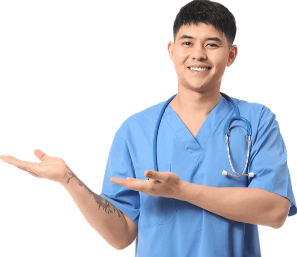 Smiling healthcare professional gesturing confidently, symbolising readiness, opportunity, and global career movement.