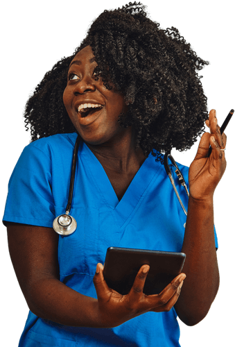 Healthcare professional in blue scrubs with a stethoscope, standing in front of a bright yellow and blue background, making a gesture with both hands