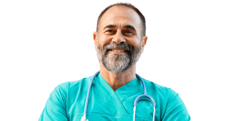 A confident doctor in teal scrubs with a stethoscope, representing clinical expertise, professionalism, and UK medical career opportunities.