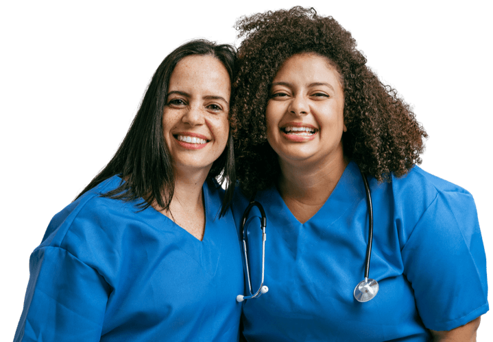 Two nurses in blue scrubs with stethoscope, representing UK agency nursing jobs and Medacs Healthcare support for NMC registered nurses.