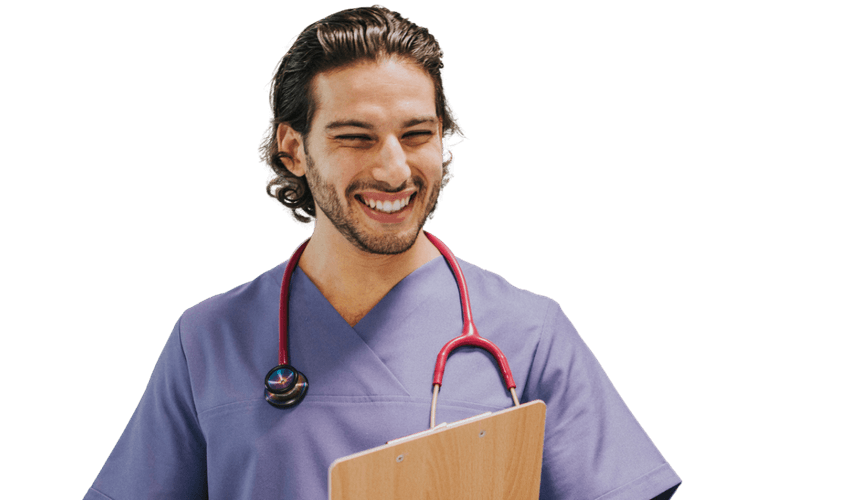 Healthcare professional in purple scrubs with clipboard, symbolising Medacs Healthcare’s clinical expertise and care.