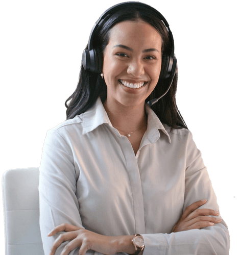 Smiling PIP Functional Assessor wearing a headset, seated on a white chair against a black background.
