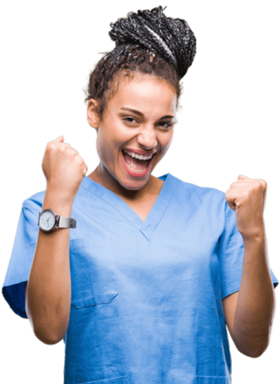 Smiling clinician in scrubs celebrating success, symbolising Medacs Healthcare’s commitment to career fulfilment.