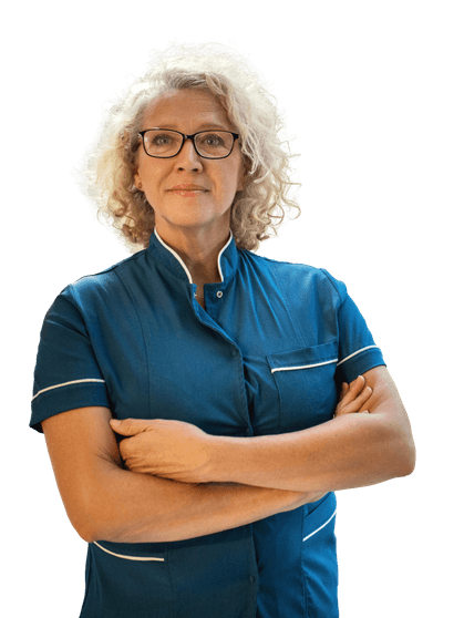 Nurse in professional uniform with arms crossed, representing career opportunities for NMC-registered nurses across the UK with Medacs Healthcare.