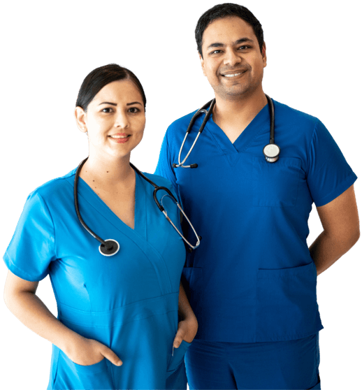 Two doctors in blue scrubs with stethoscopes, representing teamwork, clinical expertise, and frontline roles in modern healthcare