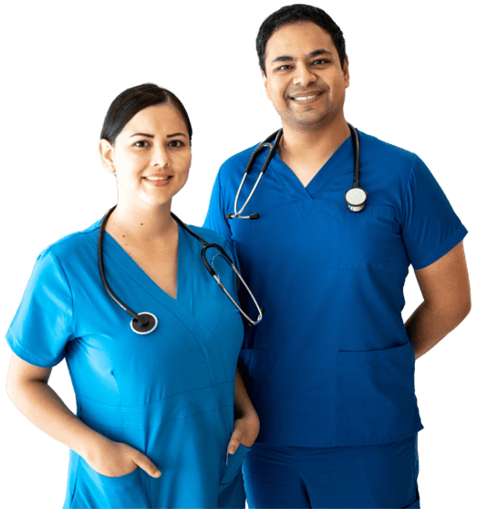 Two doctors in blue scrubs with stethoscopes, representing teamwork, clinical expertise, and global medical career opportunities.