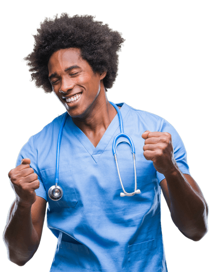Healthcare Professional in light blue scrubs smiling with fists raised in celebration, expressing achievement and positive nursing energy.