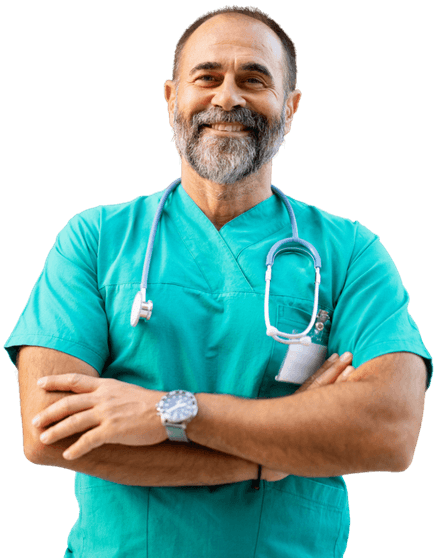 A confident doctor in teal scrubs with a stethoscope, representing clinical skill, leadership, and frontline medical roles.